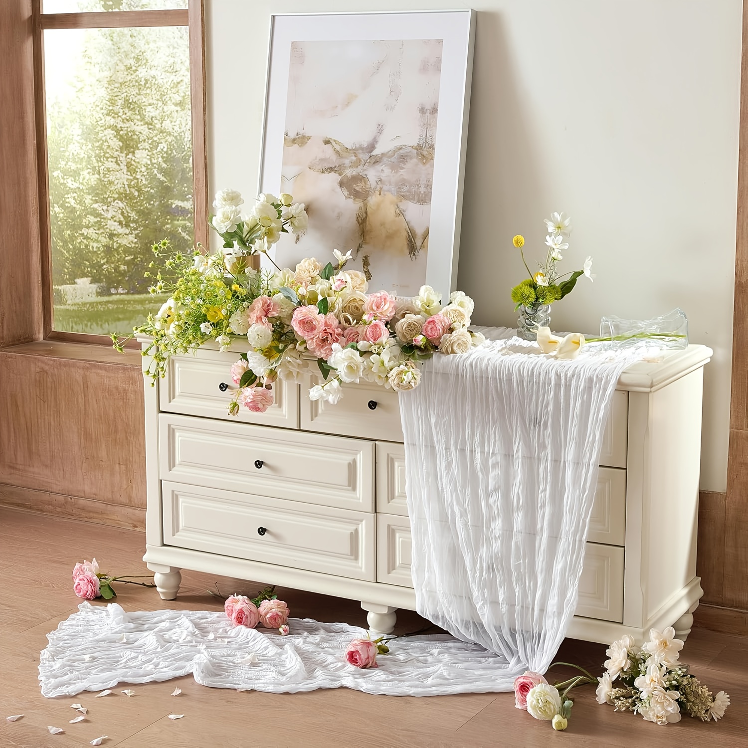 Boho Tischläufer Aus Gaze – 3 M Lang, Dunkelbeige, 5 Stück, Für Hochzeit, Babyparty & Frühling, Rustikale Deko Aus Polyester