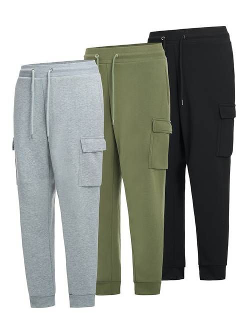 3pcs mens cargo jogger pants with pockets and elastic waist drawstring solid color regular trousers for fall winter casual running hiking outdoor athletic sweatpants