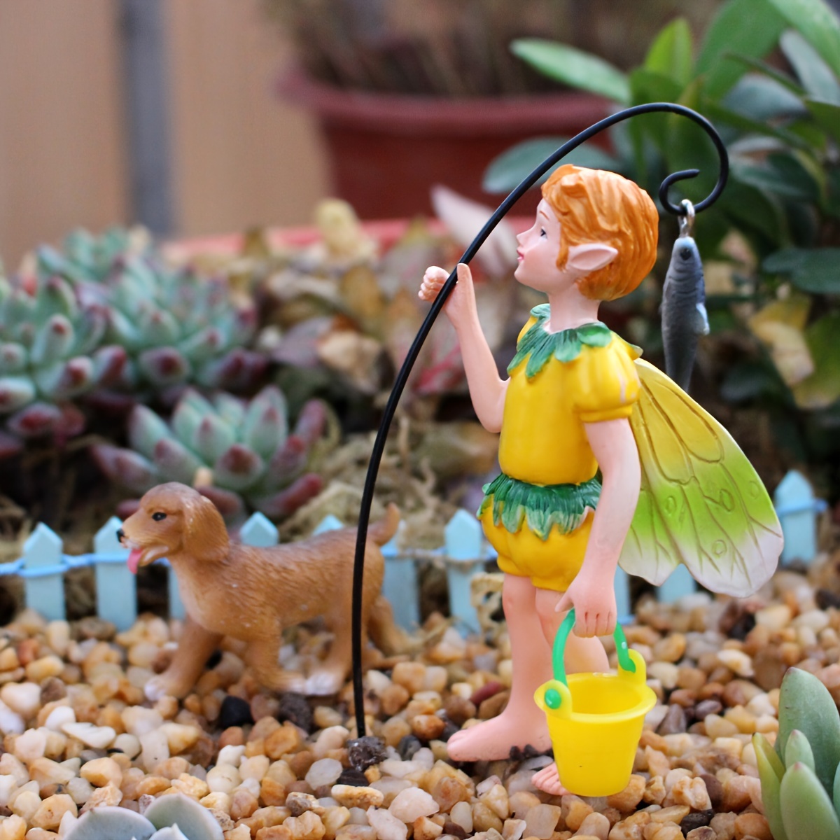 1 Set Mini Boy Fishing And Puppy Resin Crafts, Flower Pot Micro Landscape  Decoration, Resin Sculpture Art Crafts, Creative Fairy Tale Garden Crafts, G