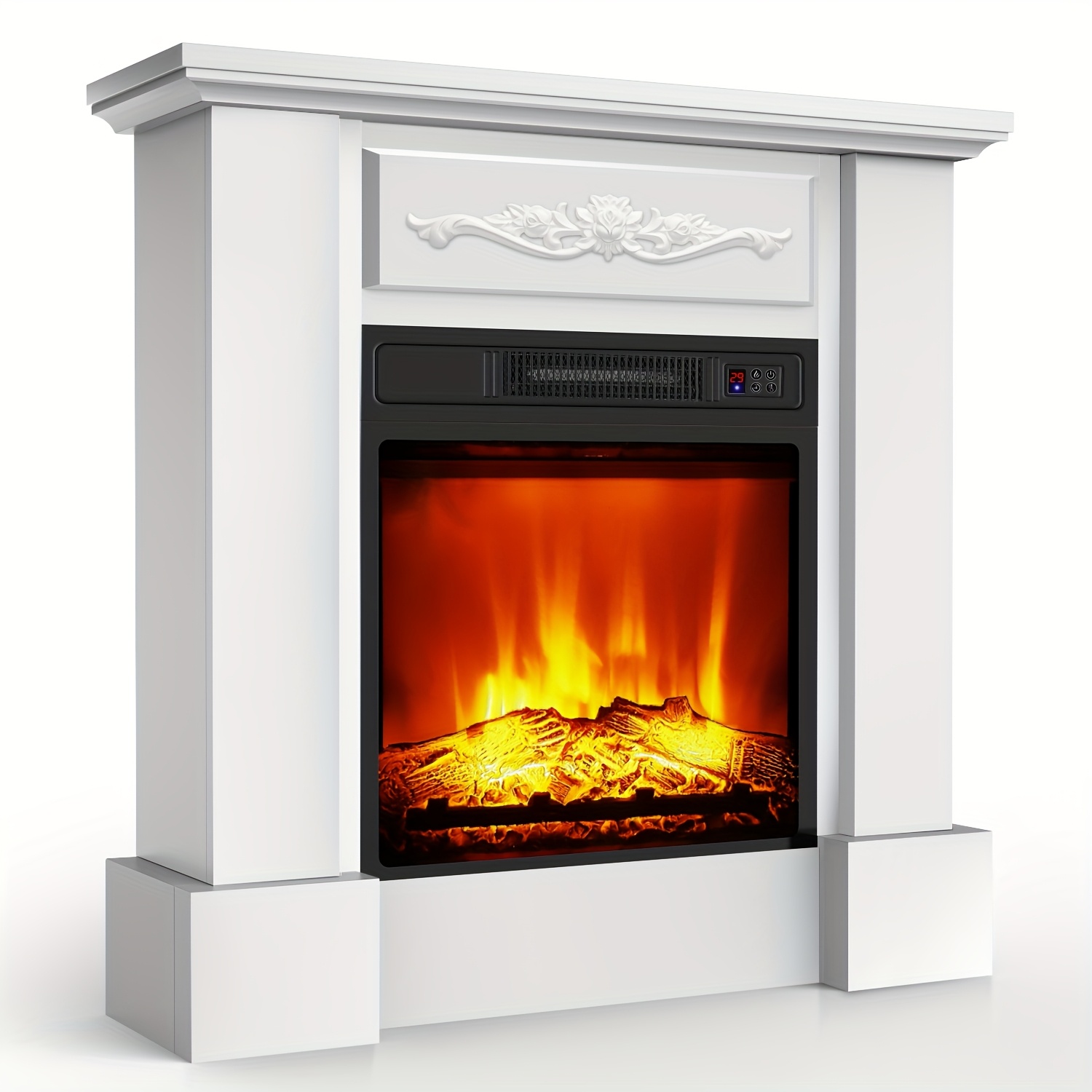 TEMU Soporte para TV de chimenea de 31 pulgadas con repisa - Calentador de chimenea eléctrica, de entretenimiento de madera, llama LED ajustable