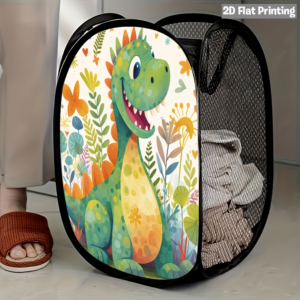 TEMU 2d Flat 1pc Green Dinosaur Mesh Pop-up Laundry Hamper For Easy Sorting And Storage Gift, 2d Flat