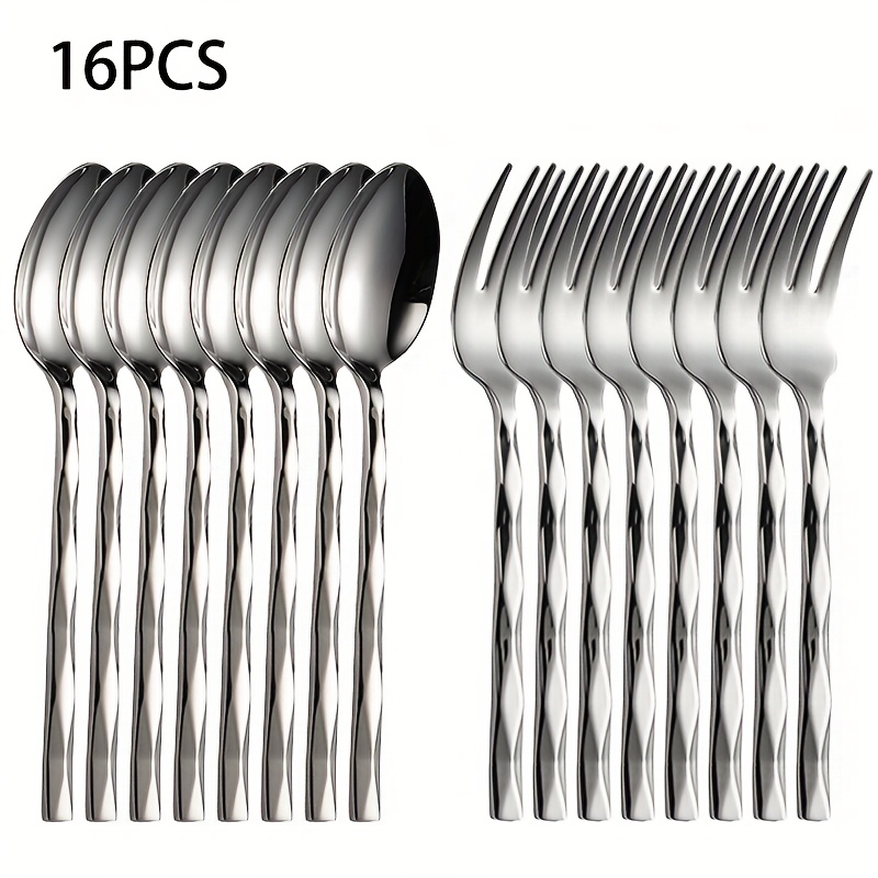 16pcs Set Of Stainless Steel Silverware Dessert Set, With Diamond Pattern Small Appetizer Fork Small Coffee Spoon Dessert Spoon, Suitable For Mixing, Sugar, Fruit, Ice Cream, Milk