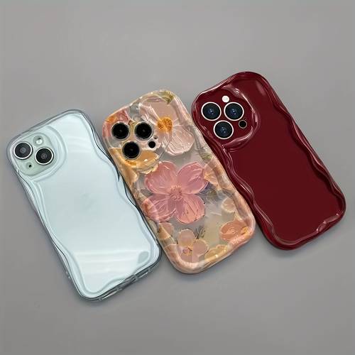 phone case 3pcs 3 transparent burgundy oil painting printed floral vintage smooth wave dopamine phone case suitable for for iphone 11 12 13 for iphone 16 15 14 13 12 11 pro max xs xr x 7 8 plus 3