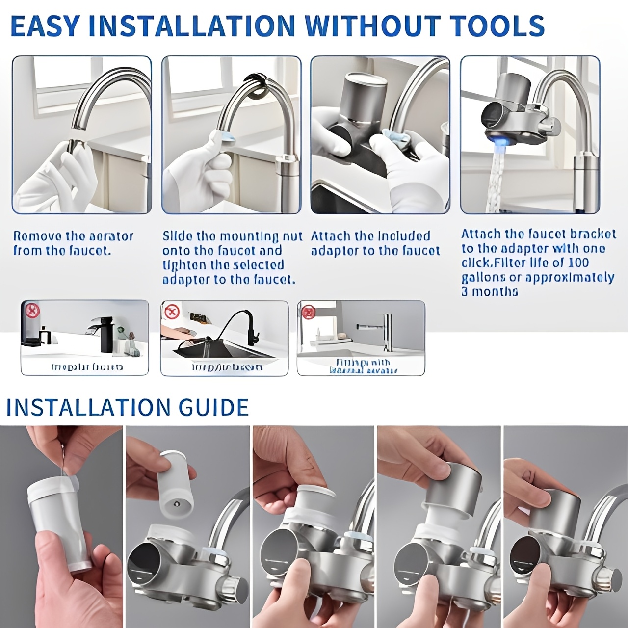 Faucet Mount Water Filtration, 264 Gallons Water Faucet Mount Filtration System, Dual Head Switching with Water Temperature And Life Dual Display for Tap Water Reduces Lead Chlorine, Heavy Metals (23psc Combination)