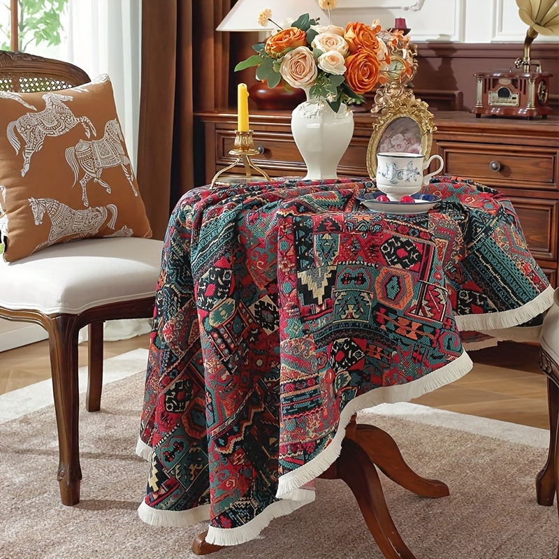 1pc vintage bohemian round tablecloth with fringe machine made rustic charm table cover for halloween afternoon tea picnics dining decor dining table decoration detailed     fabric holiday decoration boho chic durable material stylish tablecloth boho lovers