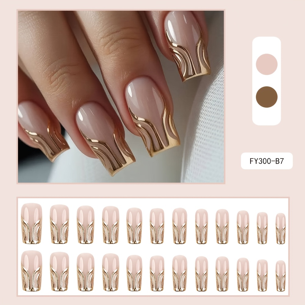 24 pç Unhas de Pressão Artesanais para Mulheres - Curva C Média, Listas Onduladas Cor-de-Rosa  5