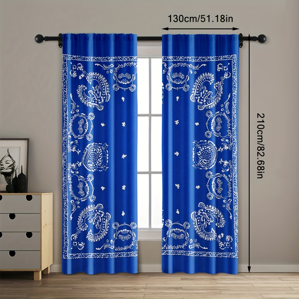 TEMU 2d Flat Printing 2pcs Vintage Blue Paisley Curtains - Rod For Easy Hanging, Bedroom, Living Room, Office & Home Decor Window Drapes Suitable For