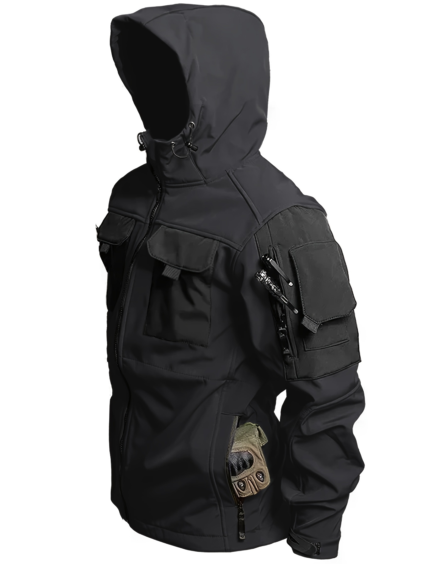 1pc Men's Waterproof Lightweight Soft Shell Jacket with Hood & Multiple Pockets - Thermal Insulated Outdoor Coat for Hiking, Camping, Casual Wear - Machine Washable, Regular Fit (Winter/Spring/Fall), Versatile Travel Jacket | Full Zip Jacket | Durable Zipper, Winter Camping Gear