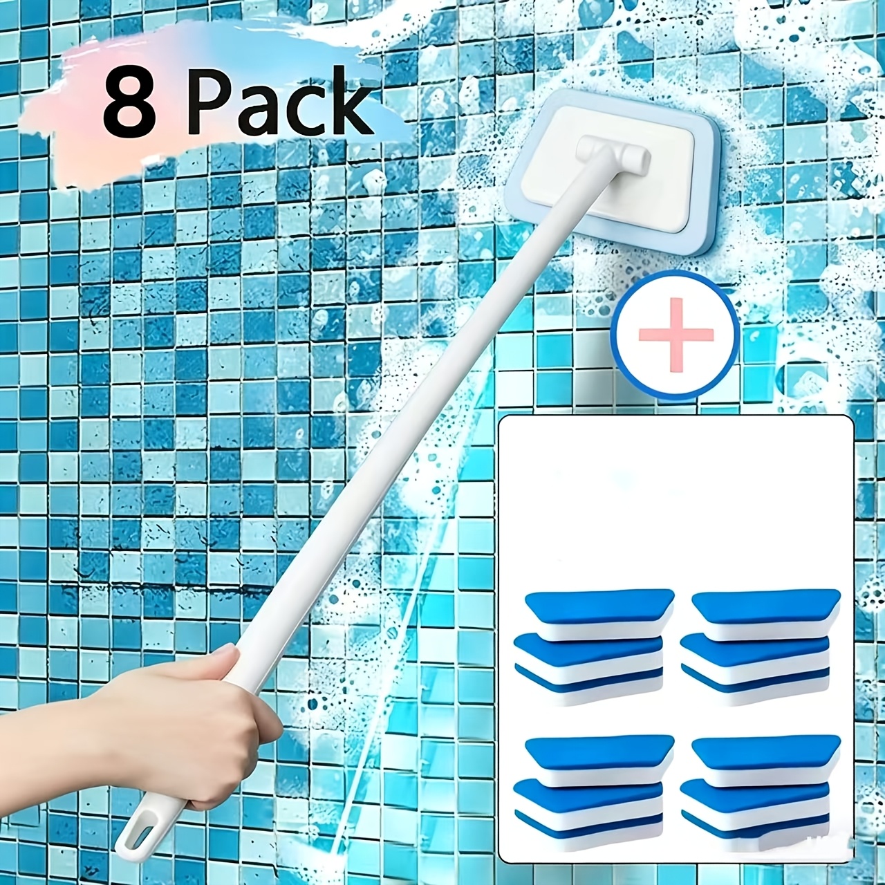 E-shop Duschreinigungsbürste, 8 Schwämme und 1 Stück Griff mit austauschbaren Köpfen - Abnehmbarer Boden- und Wandreiniger, geeignet für Badewanne,