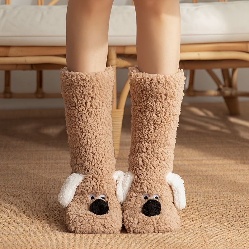 TEMU Women's Cozy Puppy Bed Socks Suitable For Bed & Lounge - Soft Fluffy Warm Striped Sole With Suitable For,, Gifts - Hand Washable Or Dry Slippers