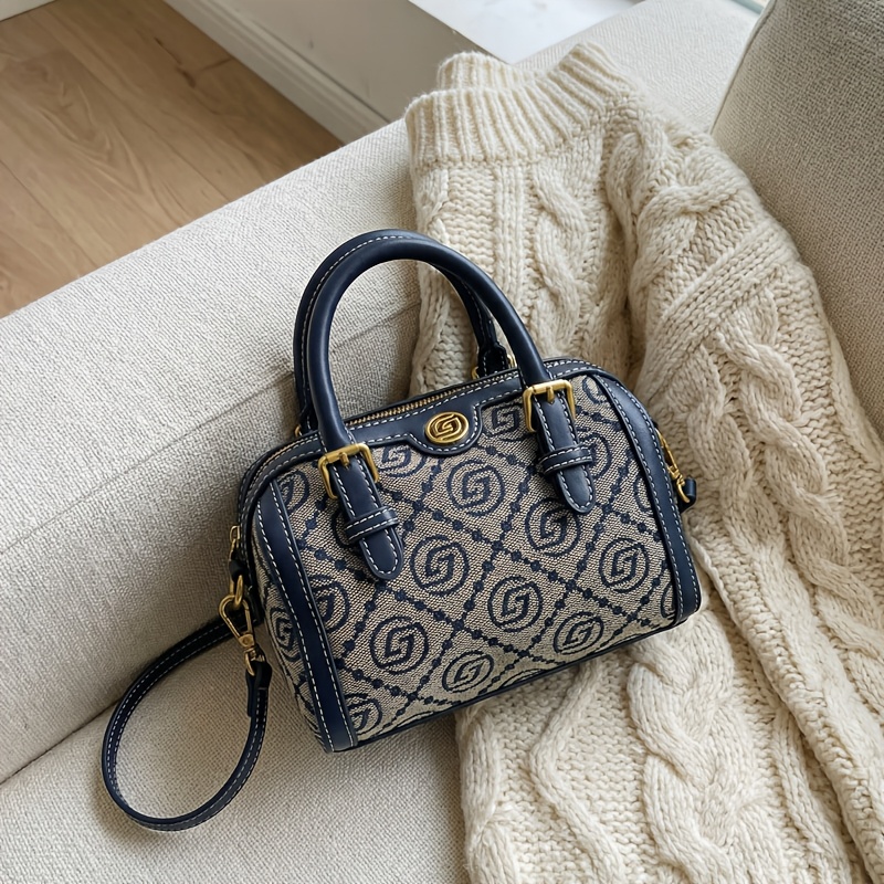 TEMU Luxury Boston Women's Pillow Bag - 2025 With Golden-tone Hardware, Adjustable Strap & Zipper Closure, Embroidered Jacquard Pattern, Durable &