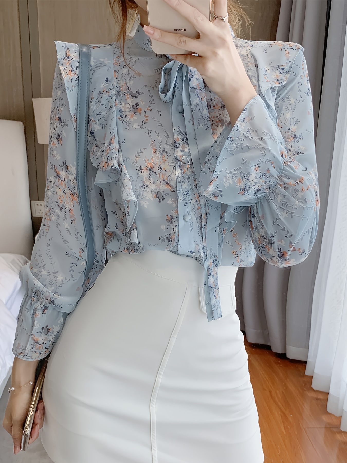 blusa chiffon estampado floral mujer cierre encaje en parte Temu