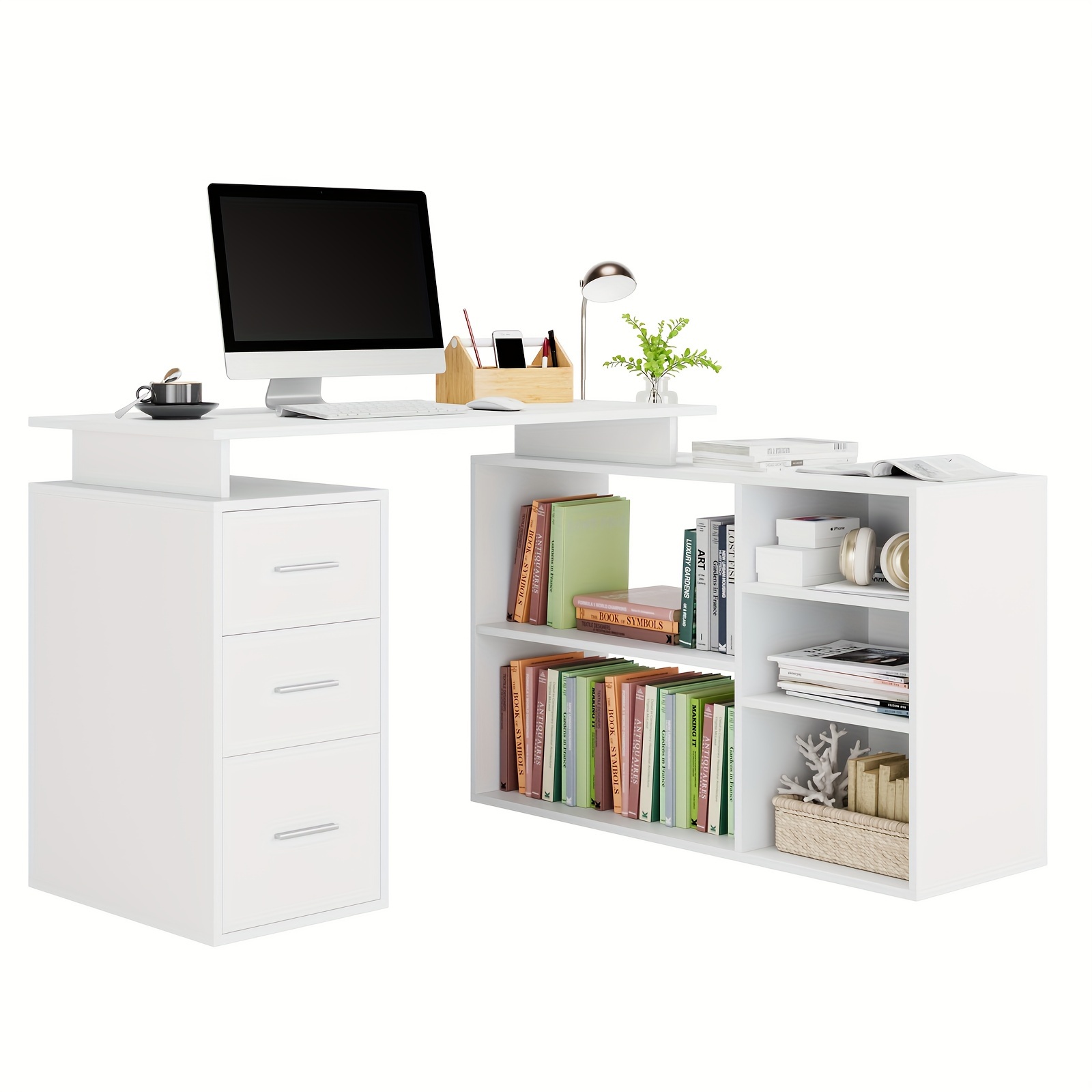 Kealive White L Shaped Desk With Shelf, Modern Home Office Desk Workstation, L Shape Computer Desk With Storage Drawer, Computer With Storage, For Work Study Writing Gaming