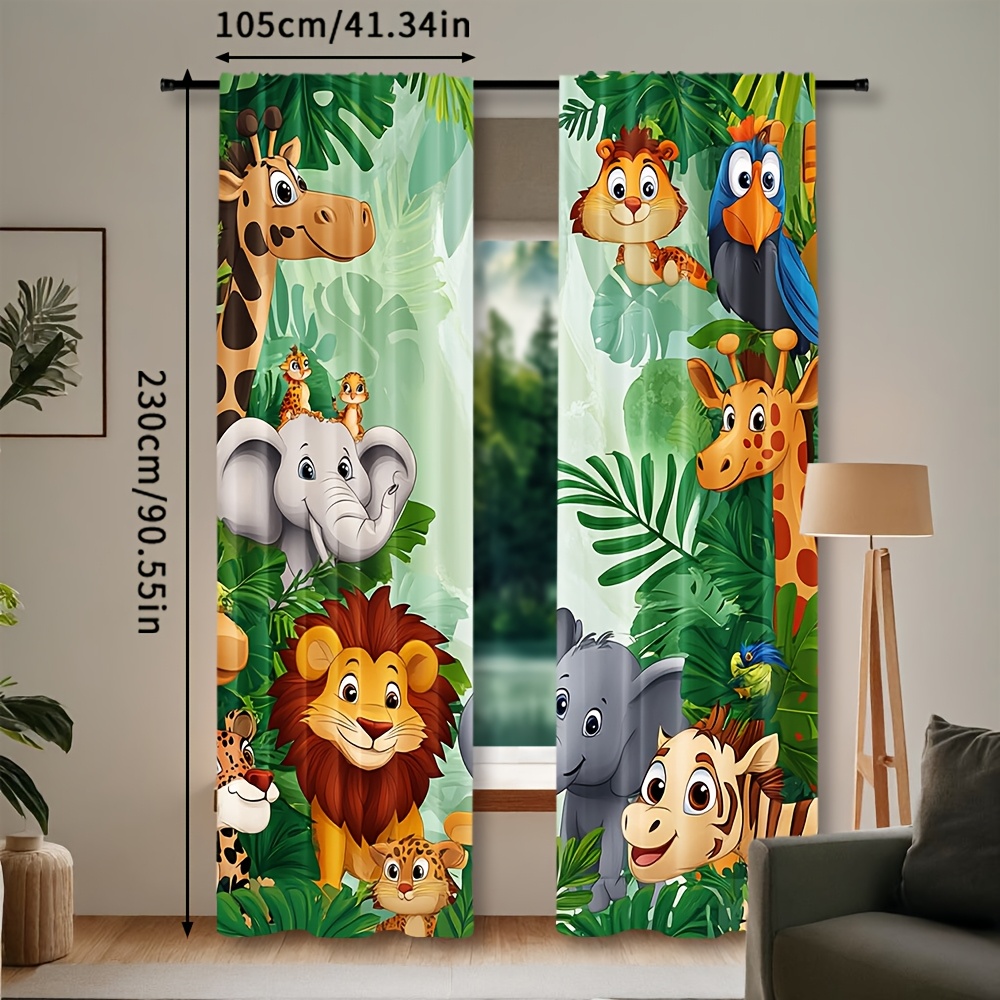 TEMU Set Of 2, Adorable Forest Animal Curtains For Home Decoration, Drapes Featuring An Elephant, Giraffe, And Lion For Bedrooms And Living Rooms