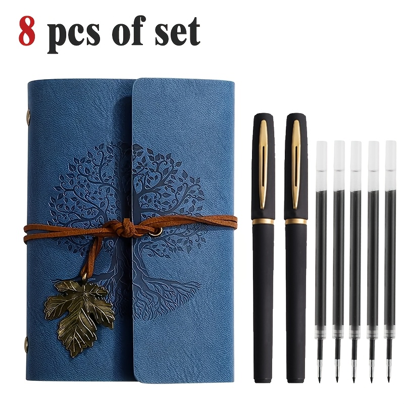 TEMU [Lot de 8 pièces] Ensemble carnet à spirale vintage et stylo noir et or, 2 stylos gel élégants noir et or + 5 recharges - Motif à d'arbres,