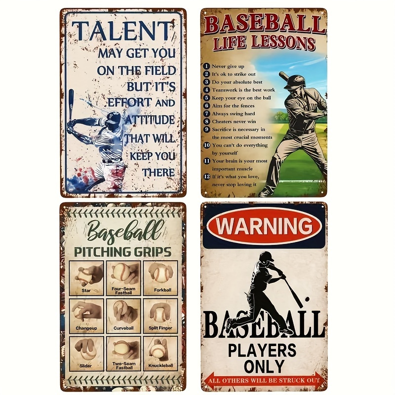 TEMU 4pcs Baseball Metal Tin Signs, Retro Baseball Posters Decorative Outdoor Baseball Signs Warning Baseball Sign 12x8 Inch Baseball Wall Decor For