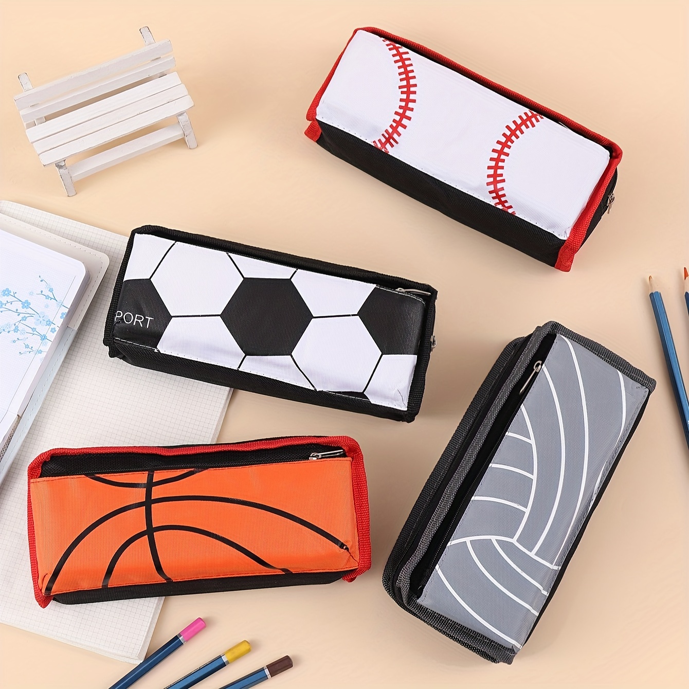 

Sporty Oxford Cloth Pencil Case: Football, Baseball, Basketball, And - Small Capacity, Double Layer, Desk Organizer