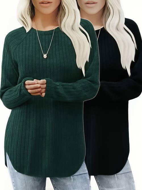 plus size 2pcs plus size womens long sleeve basic sweater and casual top set elegant round neck lightweight comfortable top multifunctional clothing breathable material essential wardrobe staple pullover sweater