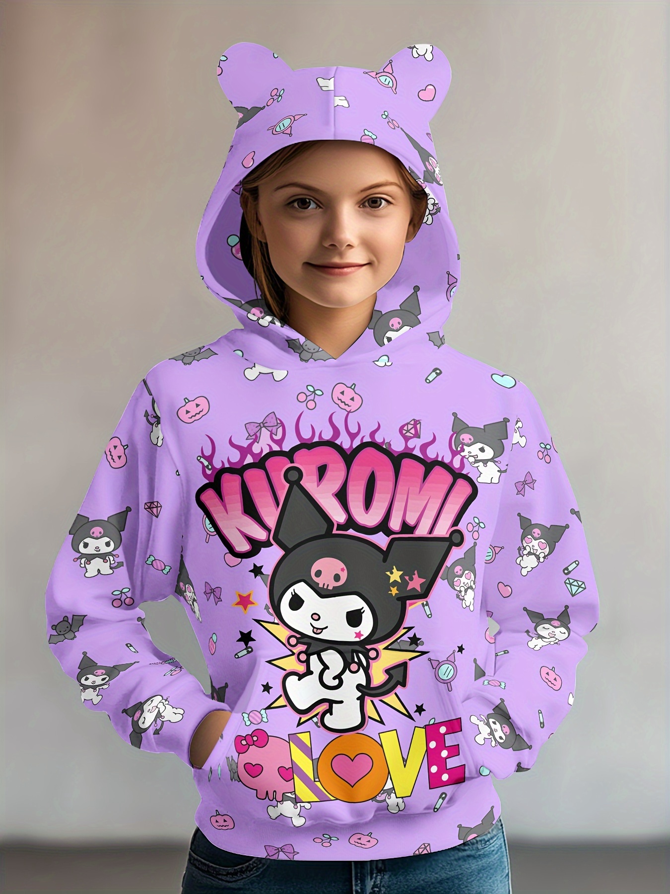 girls' cat ear hoodie pockets purple cartoon print Temu South Africa