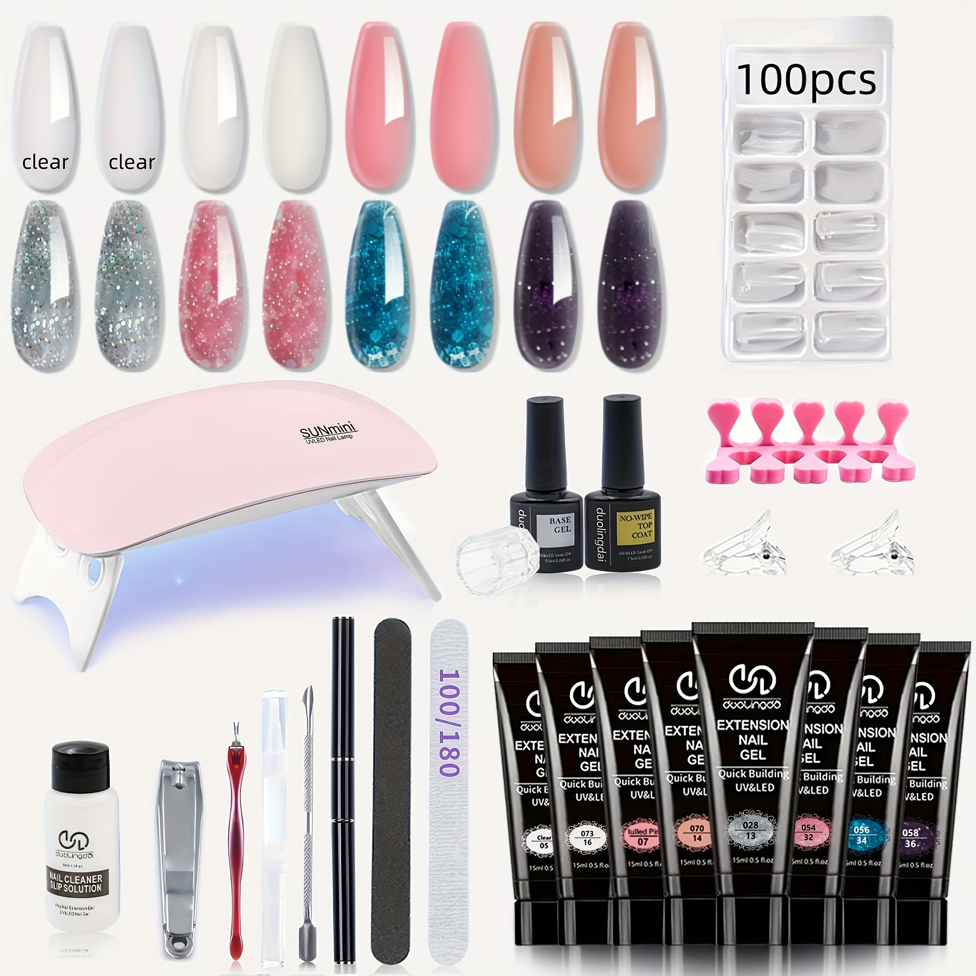 TEMU Poly Gel Nail Kit 8 Colors With Nail Lamp Extension Gel Kit Nude Clear Glitter Complete Starter Tools For Beginner Thickening Solutions Diy At Home For Women
