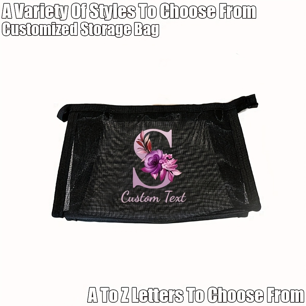 TEMU 1pc Cosmetic Bag, Multiple Styles, Customizable With Name, Floral And Letter Prints, Personalized Transparent Mesh Cosmetic Storage Bag, Travel