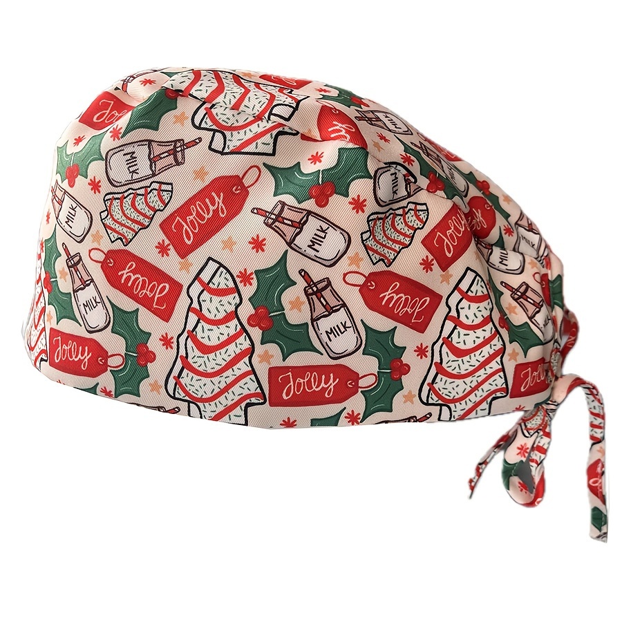 

Christmas Print Work Cap - Non-stretch, Polyester, Hand-washable With Tie-back Closure | Holiday-themed Scrub Hat For Beauty Salons, , Restaurants, Christmas Hat