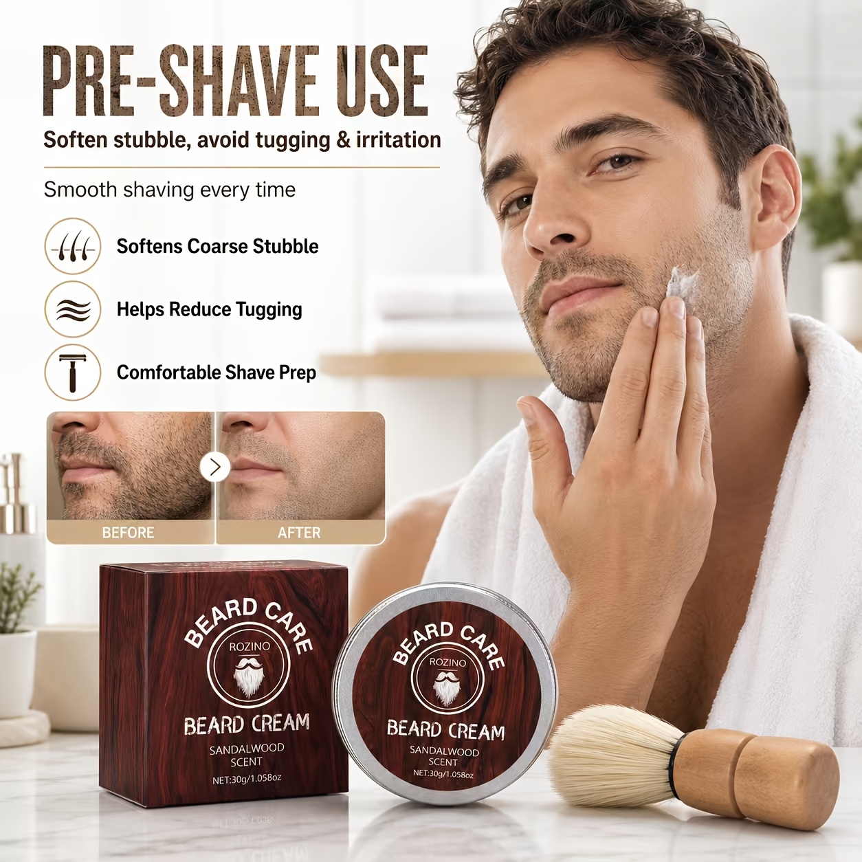 TEMU 2pcs Sandalwood Beard Cream - Comes With Beard Brush: 95% Of Men Report No Burning ! For Smooth Shaving, Foam, 0 Greasy, Absorption, 88% Of Users! (pure User Authentication)