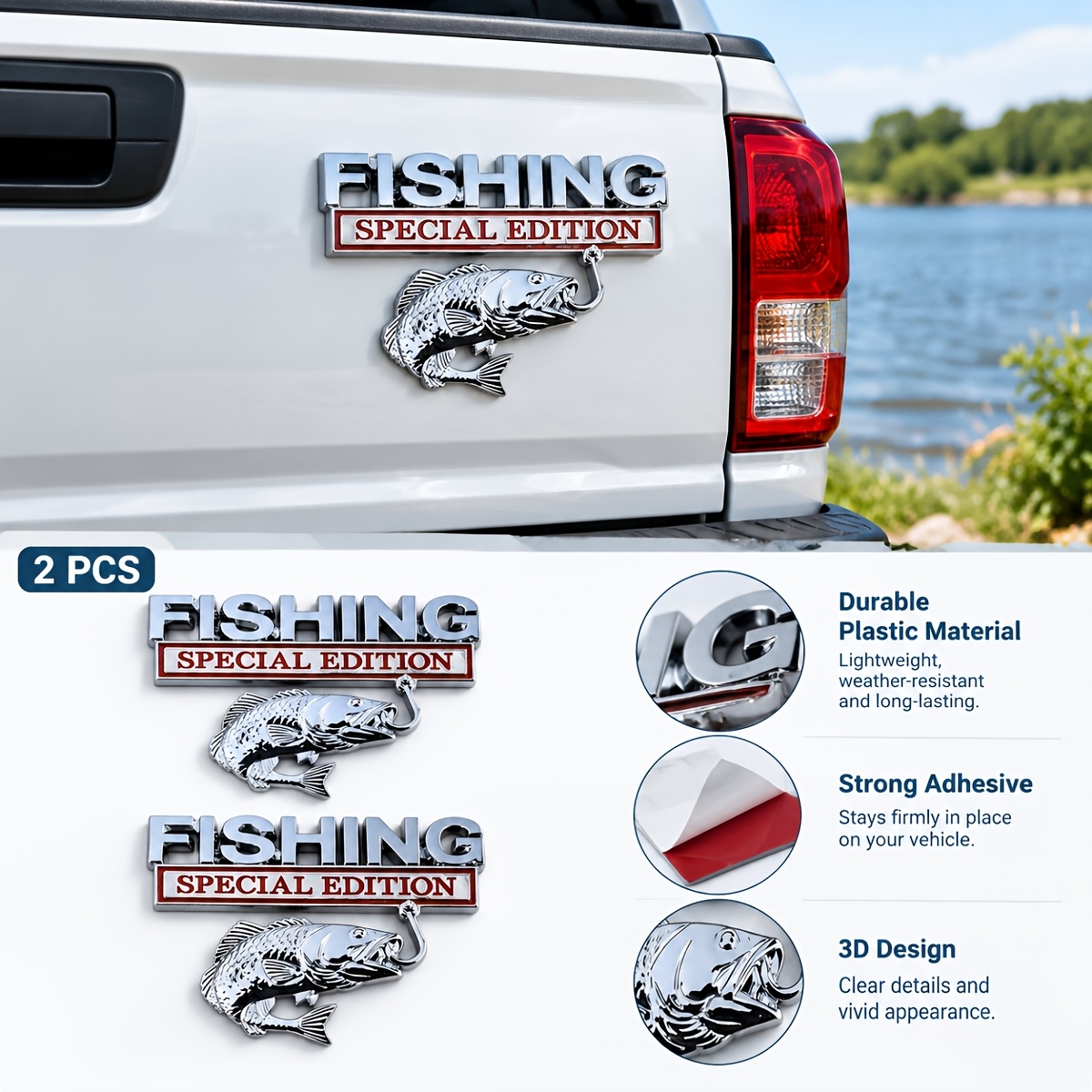 TEMU 2pcs Fishing Special Edition Car Emblem 3d Fish Hook Sticker Badge Fender Funny Decals Car Truck Replacement Door Decoration For Universal
