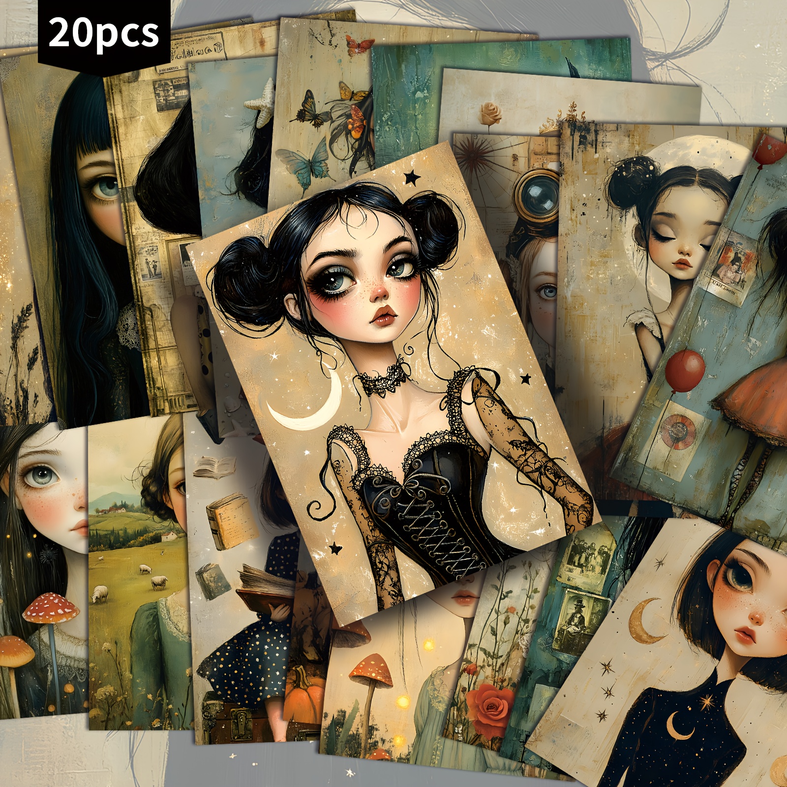 TEMU 20 piezas de postales Vintage Quirky Girl Shabby Chic - 4x6 pulgadas de ilustraciones retro Pinup, papel de junk journal para scrapbooking y
