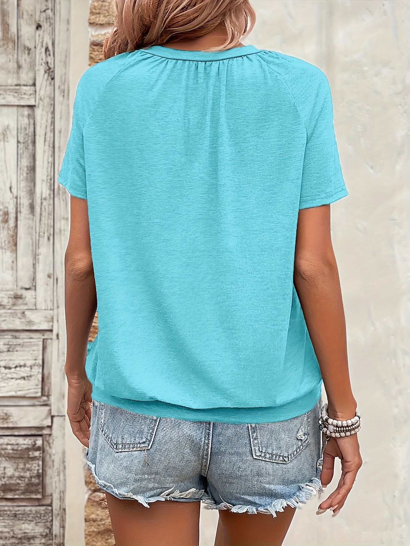 Solid Color V Neck T-Shirt, Casual Short Sleeve T-Shirt For Spring & Summer, Women's Clothing