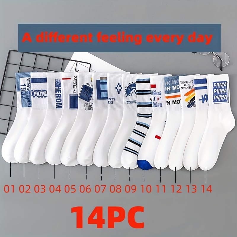 

14pairs Letters Pattern Blue & White Men's Mid-calf Crew Socks, Breathable Comfy Casual Socks Sweat-absorbing Fashion Sports Socks For Outdoor Fitness Basketball Running