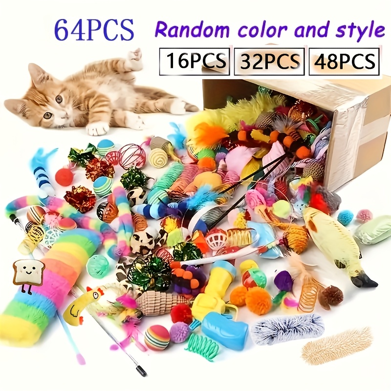64pcs 48pcs 32pcs 16pcs mixed cat toy set ideal for multiple cats providing   playtime a   of cat toys in one gift pack to keep your feline entertained   teaser toys to prevent loneliness with different styles