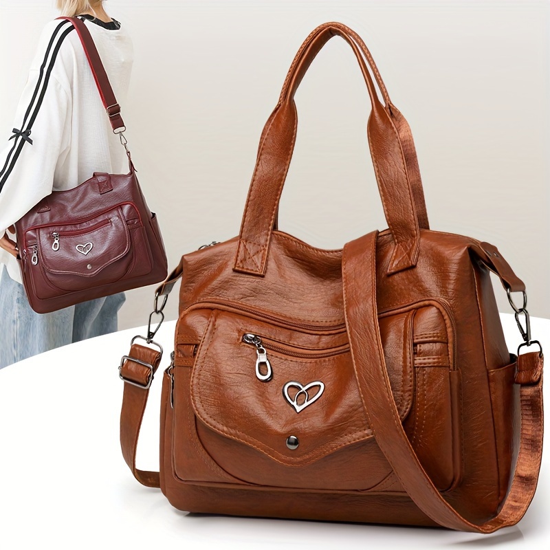 

Chic Vintage-inspired Women's Shoulder Bag With Detachable Strap - Leather, Solid Color, Use Or Gifting