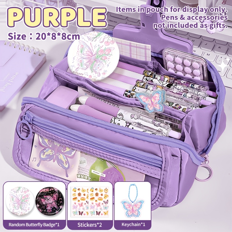 TEMU 4pcs New Canvas Pencil Case Set With Random Color Brooch, Pendant, Sticker Additions - Large Capacity Layered Design, Zipper Closure - School