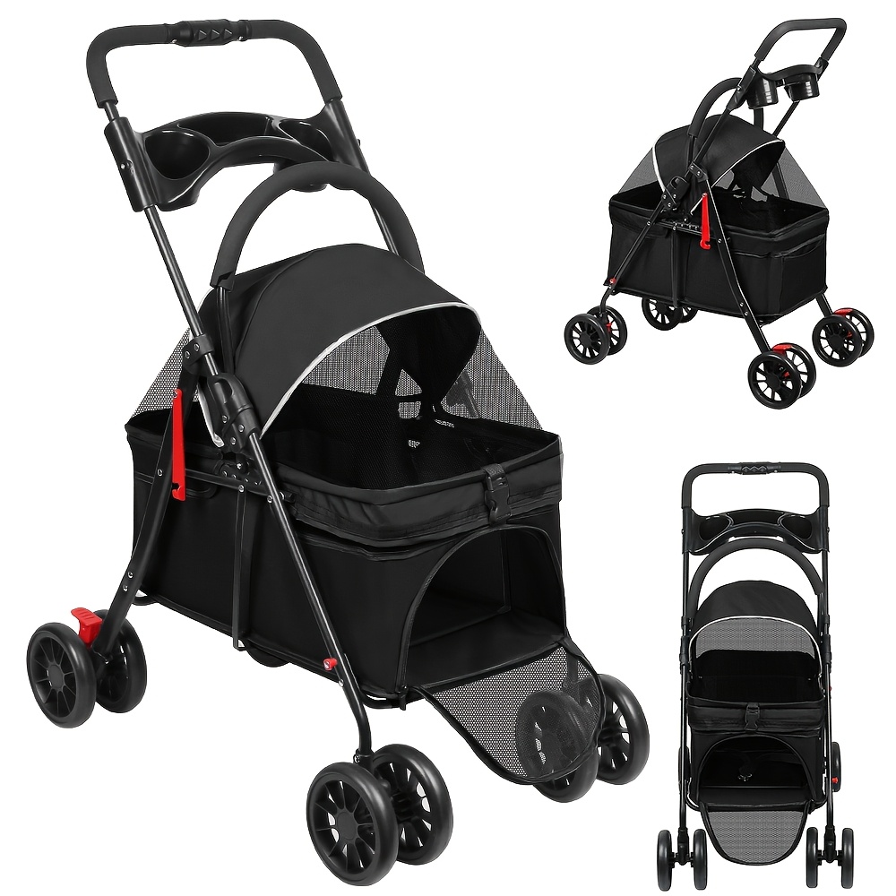 2-in-1 Detachable Pet Stroller & Carrier | Low-profile Foldable Dog & Pushchair With 2 Cup Holders, Fold, Large Ventilated Basket For Pets Up To 15kg (97l X 69w X 49h Cm) - Black, Blue, Pink, Grey