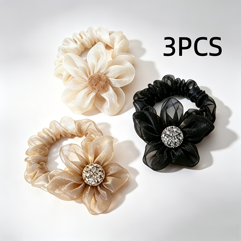 TEMU Lot de 3 Scrunchies Floraux en Peluche à Strass de Style Français - Luxe Léger Adapté aux Queues de Cheval et Chignons, Haute Élasticité Doux