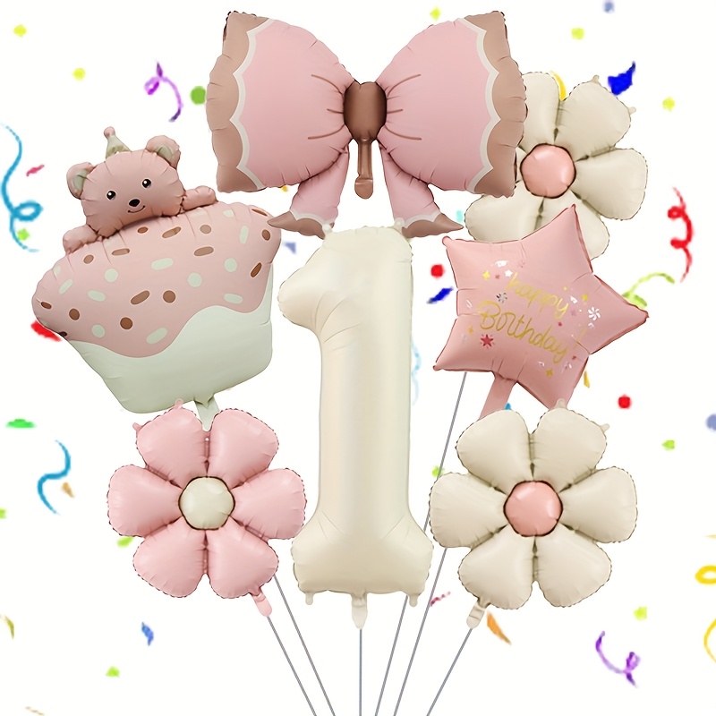 Matte Bow Bear Theme Birthday Decoration Set - Matte Bow Bear Party Supplies Includes Bows, Daisy Number Foil Balloons, Suitable For Birthday Party Decorations