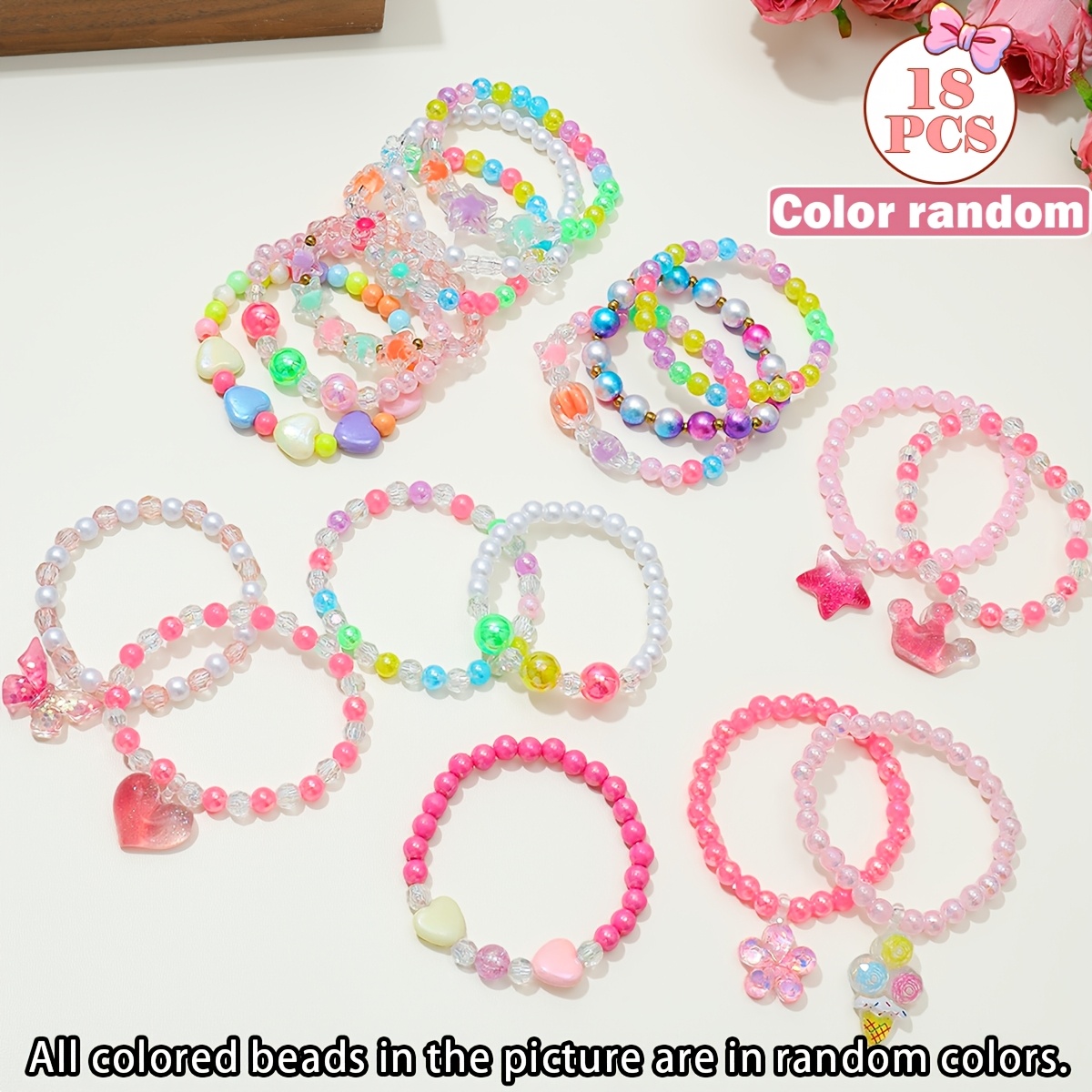 TEMU Random Color 18pcs Cute Flower Charm Bracelet With Heart, Star, And Multicolor Beads, Suitable For Holiday Parties And Birthday Gifts, Random