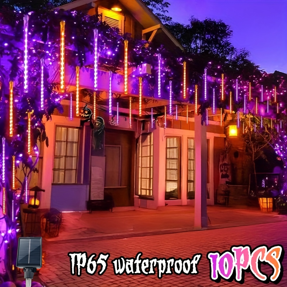 TEMU 10pcs Solar Meteor Shower Icicle Lights, Including 5 Orange And 5 Purple Icicle Lights, Halloween Raindrop Icicle Lights, Ip65 , Suitable For