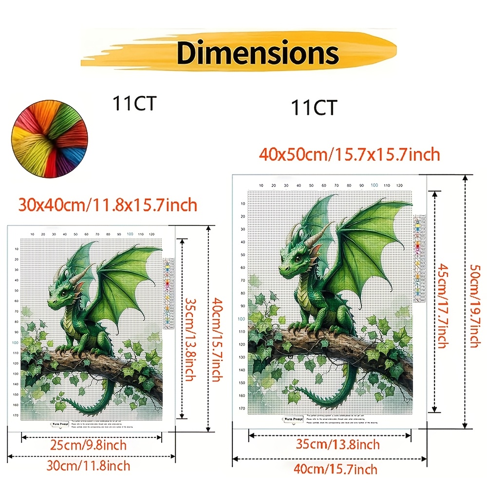Frameless Stitch Print Kit, Green Dragon Perched on Branch