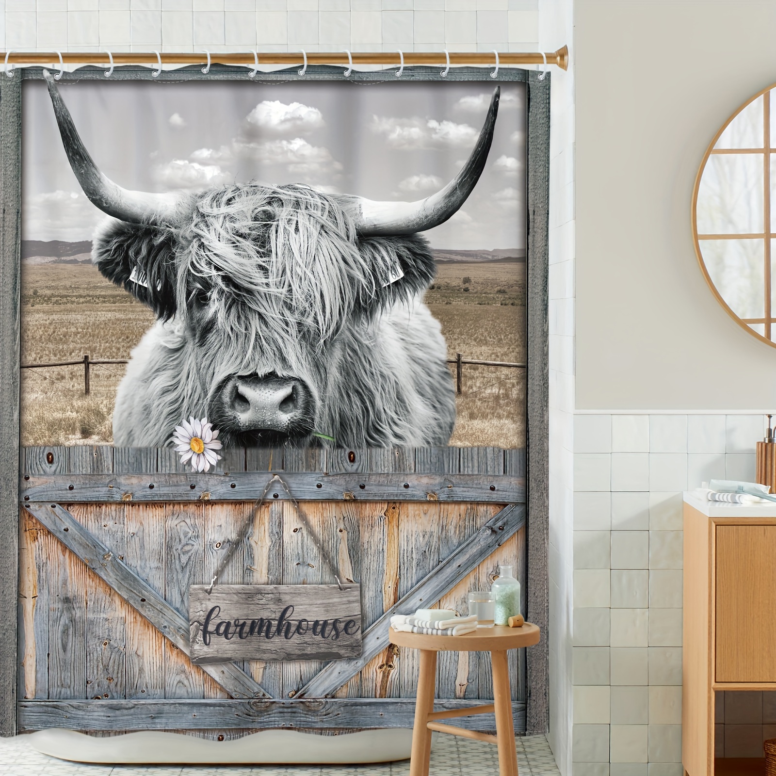 Highland Cow Shower Curtain Farm Animal Windmill Rustic - Temu