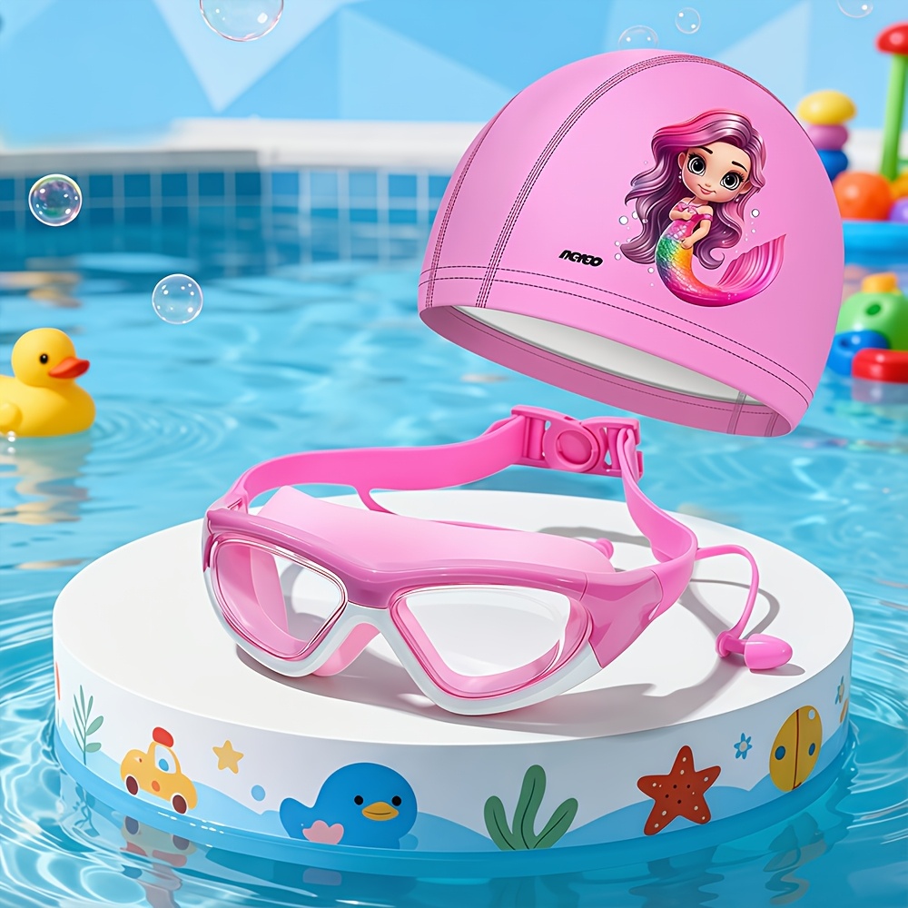 Kids Swim Goggles & Swim Cap Set - 3 Colors (blue/pink/purple), Built-in Ear Plugs, Hd , Adjustable Strap, Fit 5-12, Swimming Gear Bundle