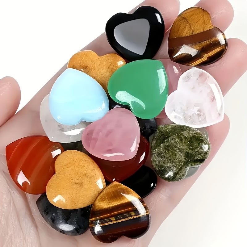 TEMU 10pcs Natural Polished Heart-shaped Gemstones Set, Including Rose Quartz And Synthetic Crystal