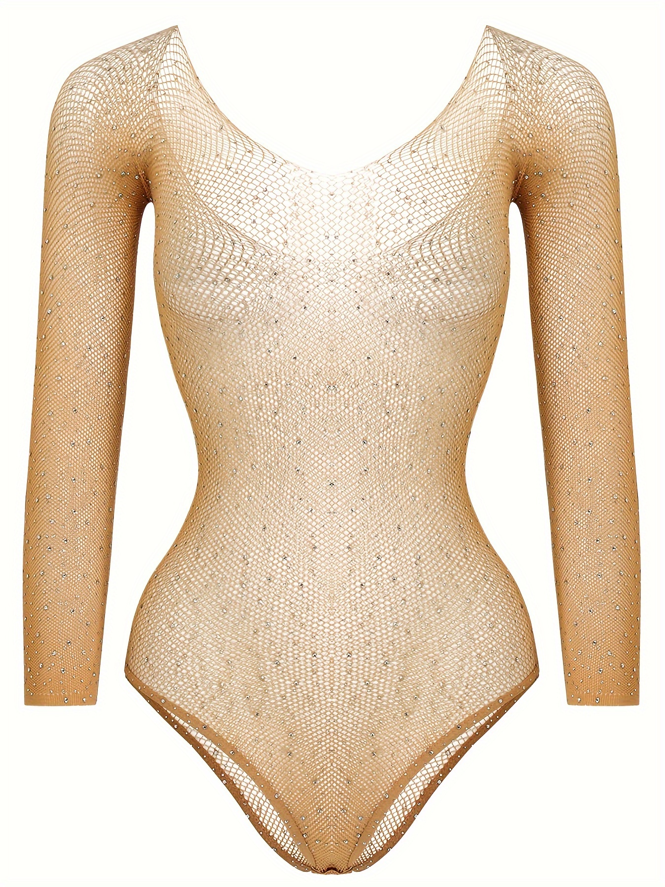 Women'S Sexy *-Embellished Long Sleeve Bodysuit Open Mesh Lingerie with  Medium Support, Solid Color Sparkling Details for Intimate O