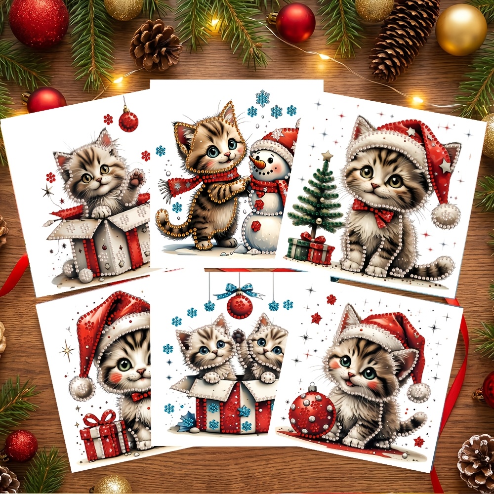 TEMU 6pcs Diy Diamond Painting Christmas Greeting Cards With Envelopes. Adorable Cat, Handmade 5d Cards, Paper Material, Unique , Exquisite Gift For