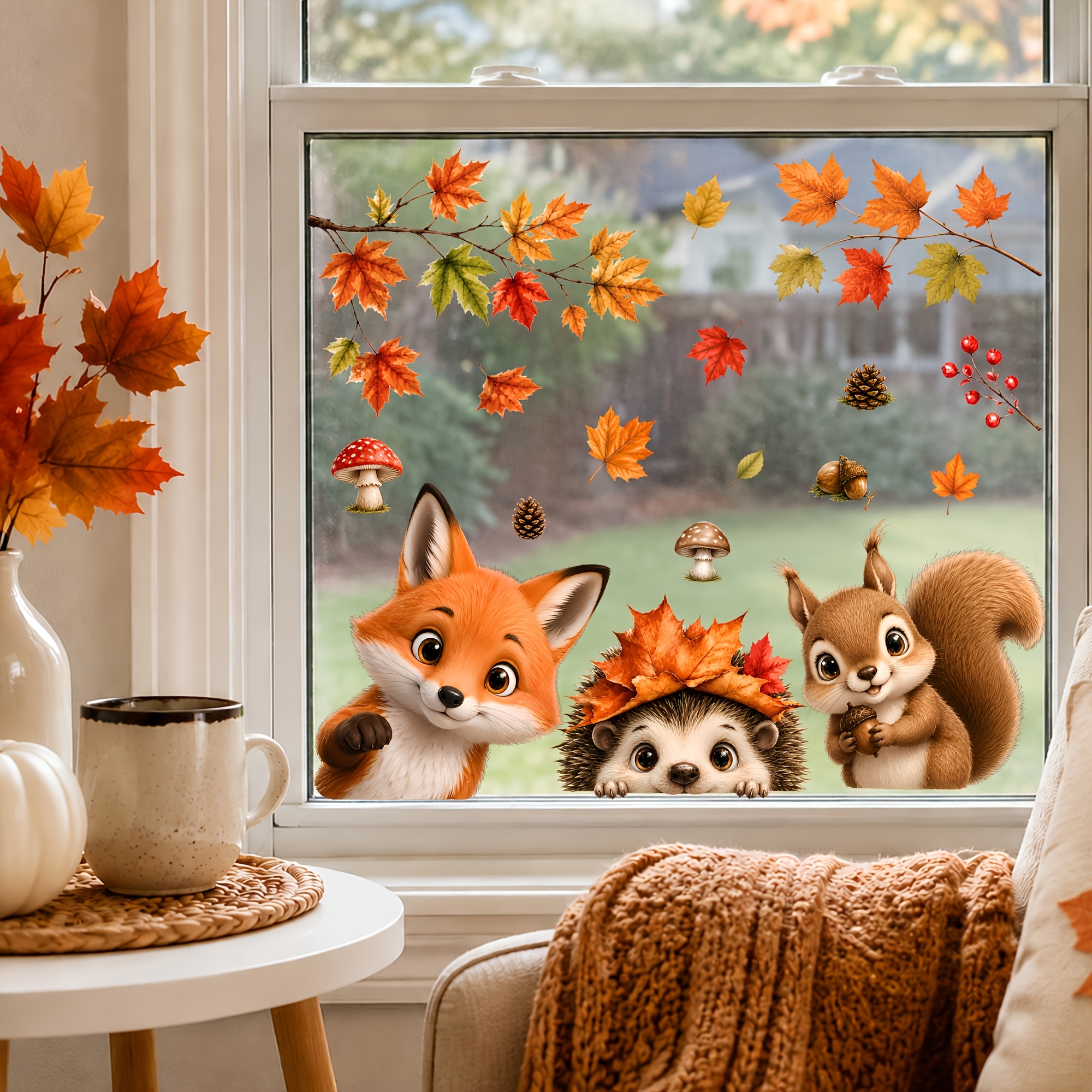 TEMU 2d Flat - 2d Flat - 1pc 2d Flat Autumn Forest Animal Window Stickers Fox Hedgehog Squirrel Maple Leaf Mushroom Electrostatic Adsorption Window