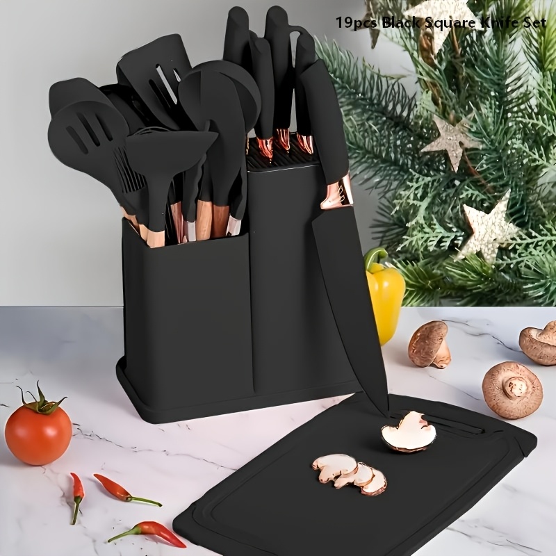 TEMU 19pcs 13pcs 15pcs Kitchen Knife And Utensil Sets With Knife Block And Cutting Board Wooden Handle Knives High Temperature Silicone Utensils And