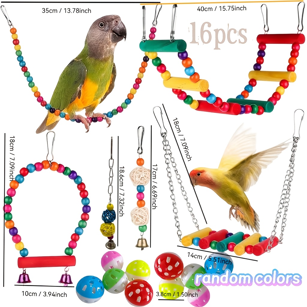 TEMU 16pcs Bird Cage Hanging Play Accessories Set, Colorful Wooden Bead Ladder, Swing, Rattan Ball & Bell Ornaments, Bird Gnawing Activity Supplies