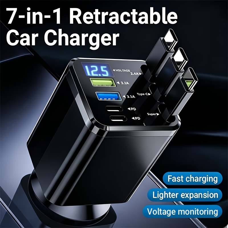 TEMU 7-in-1 Retractable Car Charger, Fast Charging Usb Type-c Power Adapter, -c 2pd Fast Charging Port, 180Â° Free , Without Battery, Suitable For All
