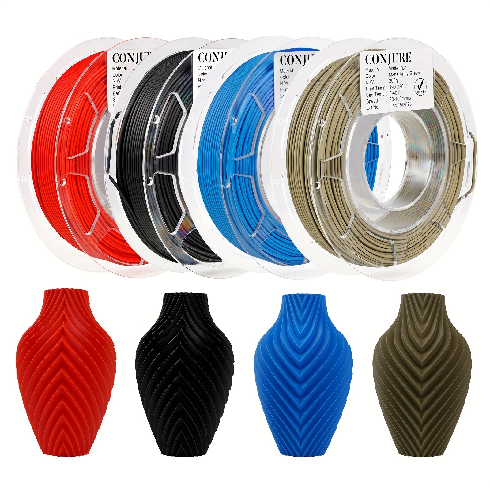 Conjure Pla Matte Filament 3d Printer 1.75mm, .8lb Smooth Printing, 200g*4-pack Bundle, Black, Green, Blue, Red